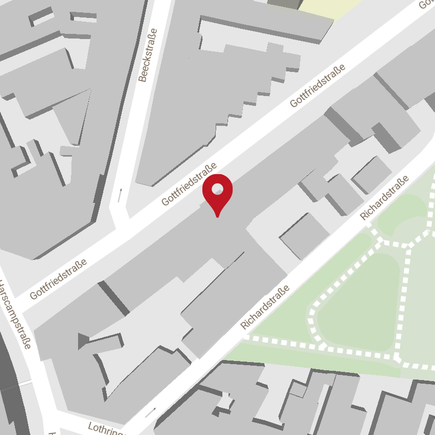 Schematische Karte mit Markierung der Praxisräume von Dr. Claus Michael Wolf. Die Praxis ist durch einen roten Marker auf der Karte gekennzeichnet. Umgebungsdetails wie Straßen, Gebäude und Orientierungspunkte sind dargestellt, um eine leichtere Navigation zu ermöglichen.